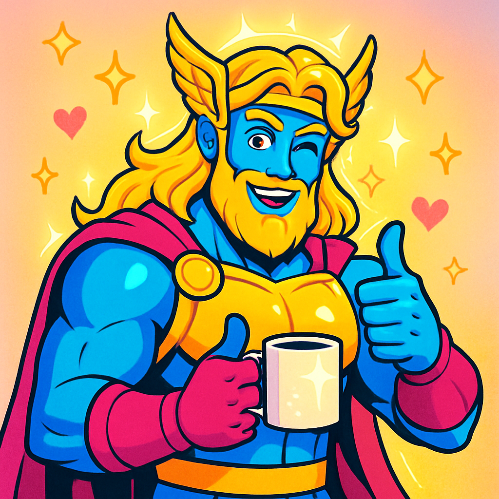 Anime superhero god winking with thumbs-up and glowing coffee mug